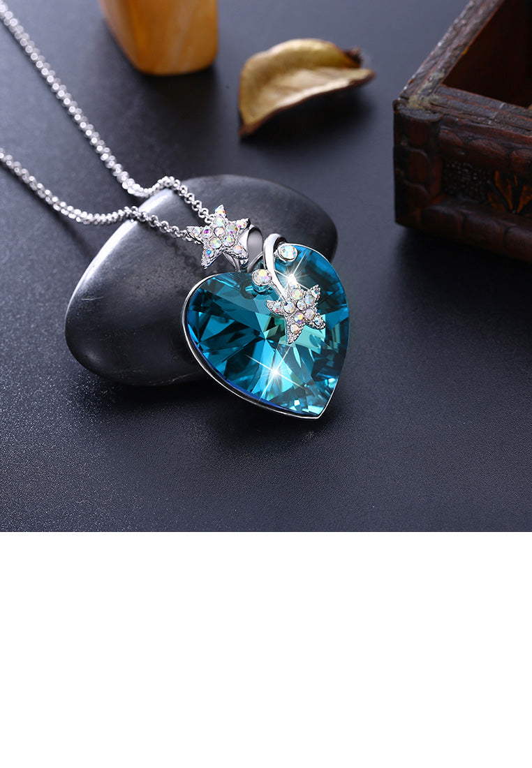 925 Sterling Silver Fashion Star Heart Pendant with Blue Austrian Element Crystal and Long Necklace