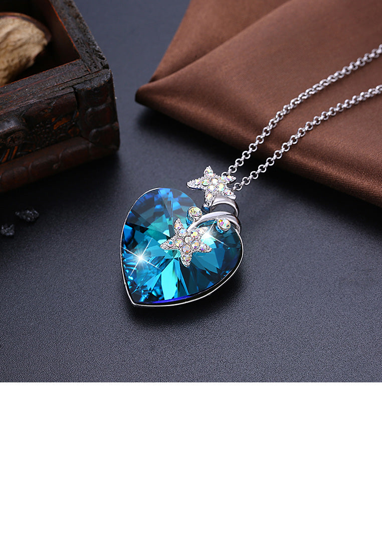 925 Sterling Silver Fashion Star Heart Pendant with Blue Austrian Element Crystal and Long Necklace