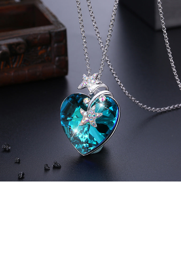 925 Sterling Silver Fashion Star Heart Pendant with Blue Austrian Element Crystal and Long Necklace