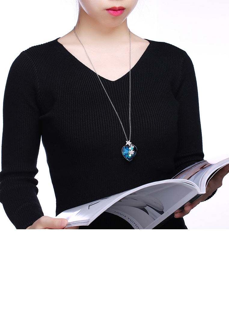 925 Sterling Silver Fashion Star Heart Pendant with Blue Austrian Element Crystal and Long Necklace