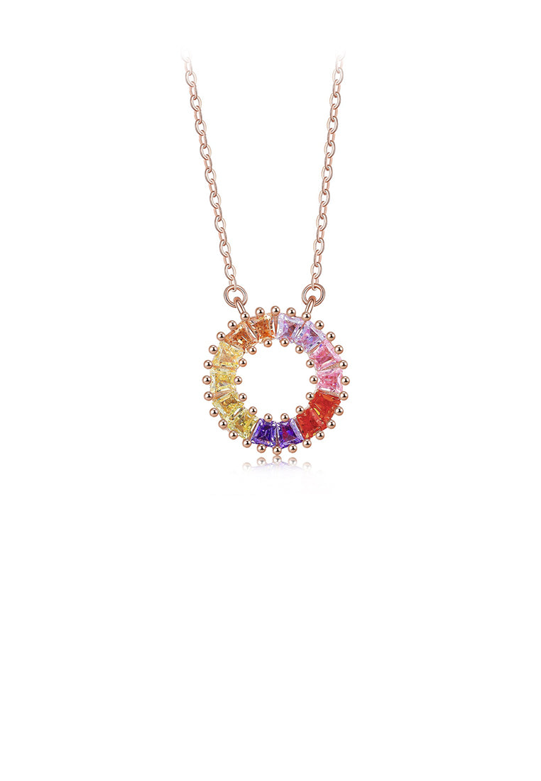 925 Sterling Silver Plated Rose Gold Fashion Bright Colorful Geometric Round Pendant with Cubic Zirconia and Necklace - Luxurious Look