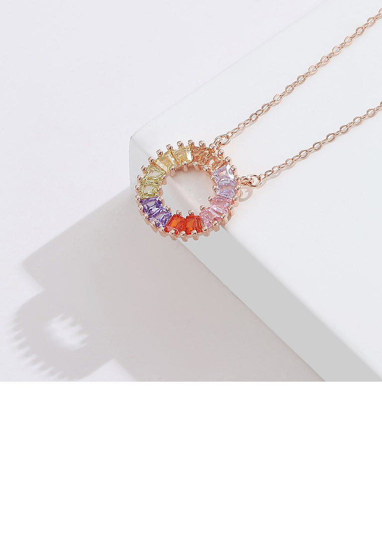 925 Sterling Silver Plated Rose Gold Fashion Bright Colorful Geometric Round Pendant with Cubic Zirconia and Necklace - Luxurious Look