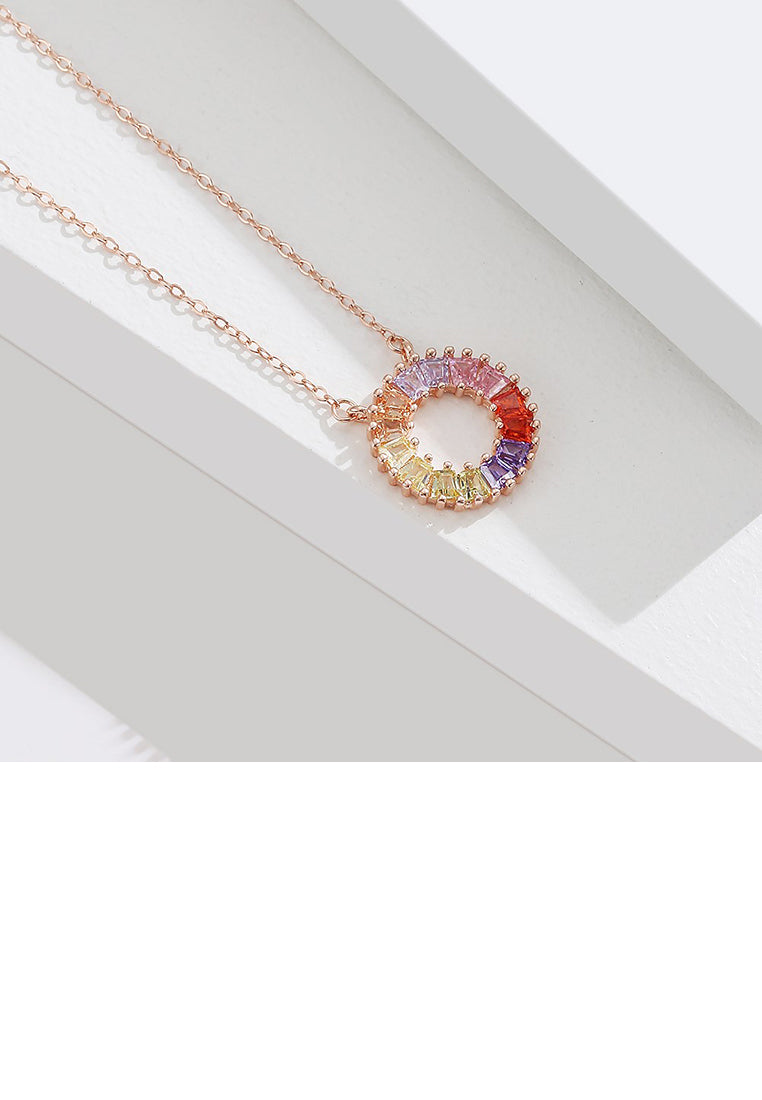 925 Sterling Silver Plated Rose Gold Fashion Bright Colorful Geometric Round Pendant with Cubic Zirconia and Necklace - Luxurious Look