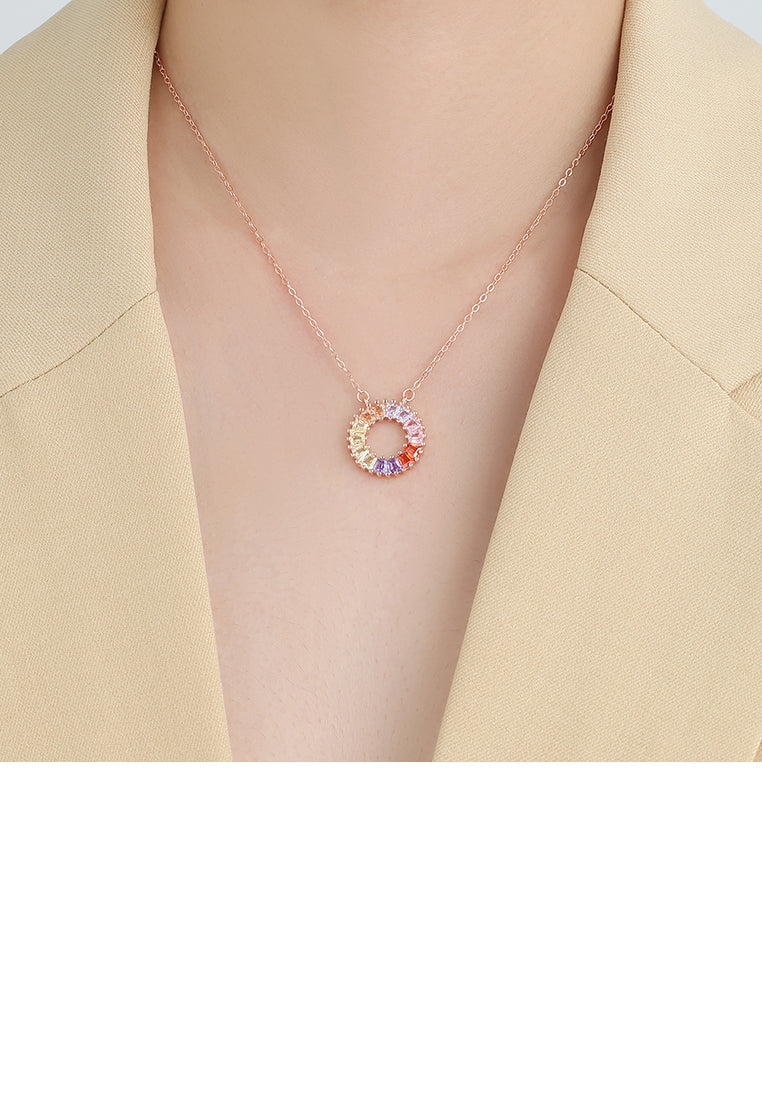 925 Sterling Silver Plated Rose Gold Fashion Bright Colorful Geometric Round Pendant with Cubic Zirconia and Necklace - Luxurious Look