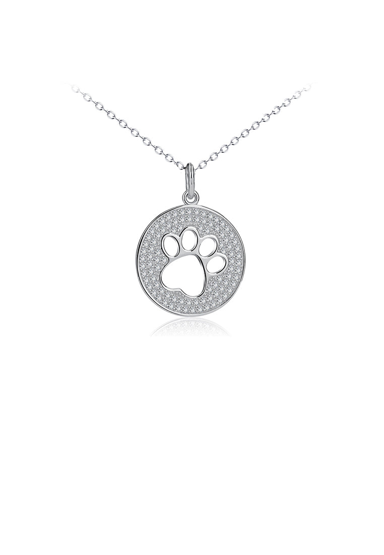925 Sterling Silver Simple and Bright Hollow Dog Paw Print Geometric Round Pendant with Cubic Zirconia and Necklace - Luxurious Look