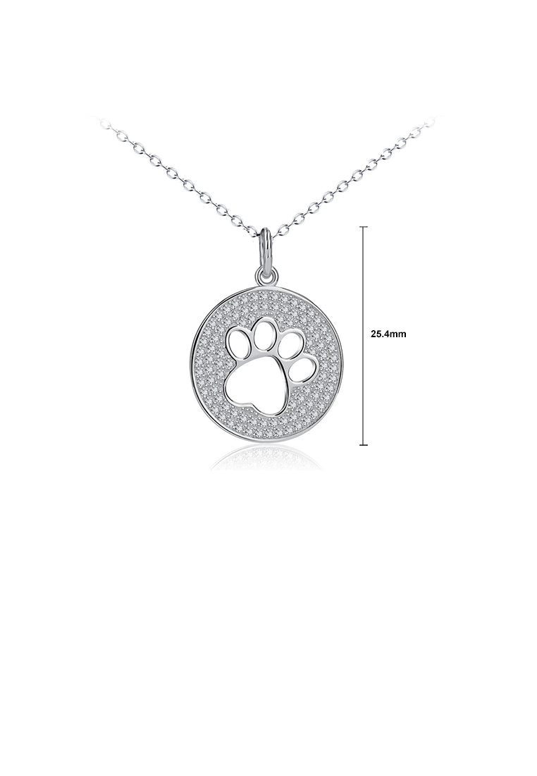 925 Sterling Silver Simple and Bright Hollow Dog Paw Print Geometric Round Pendant with Cubic Zirconia and Necklace - Luxurious Look