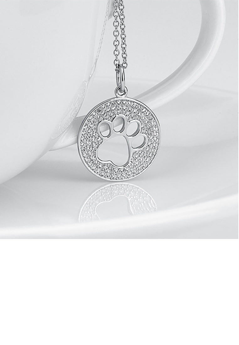 925 Sterling Silver Simple and Bright Hollow Dog Paw Print Geometric Round Pendant with Cubic Zirconia and Necklace - Luxurious Look