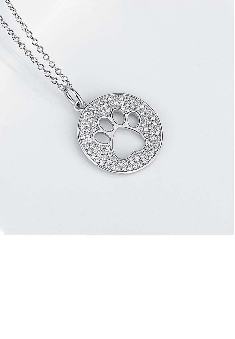 925 Sterling Silver Simple and Bright Hollow Dog Paw Print Geometric Round Pendant with Cubic Zirconia and Necklace - Luxurious Look