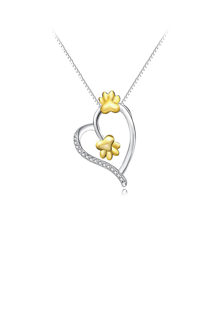 925 Sterling Silver Simple Temperament Golden Dog Paw Print Heart Pendant with Cubic Zirconia and Necklace - Luxurious Look