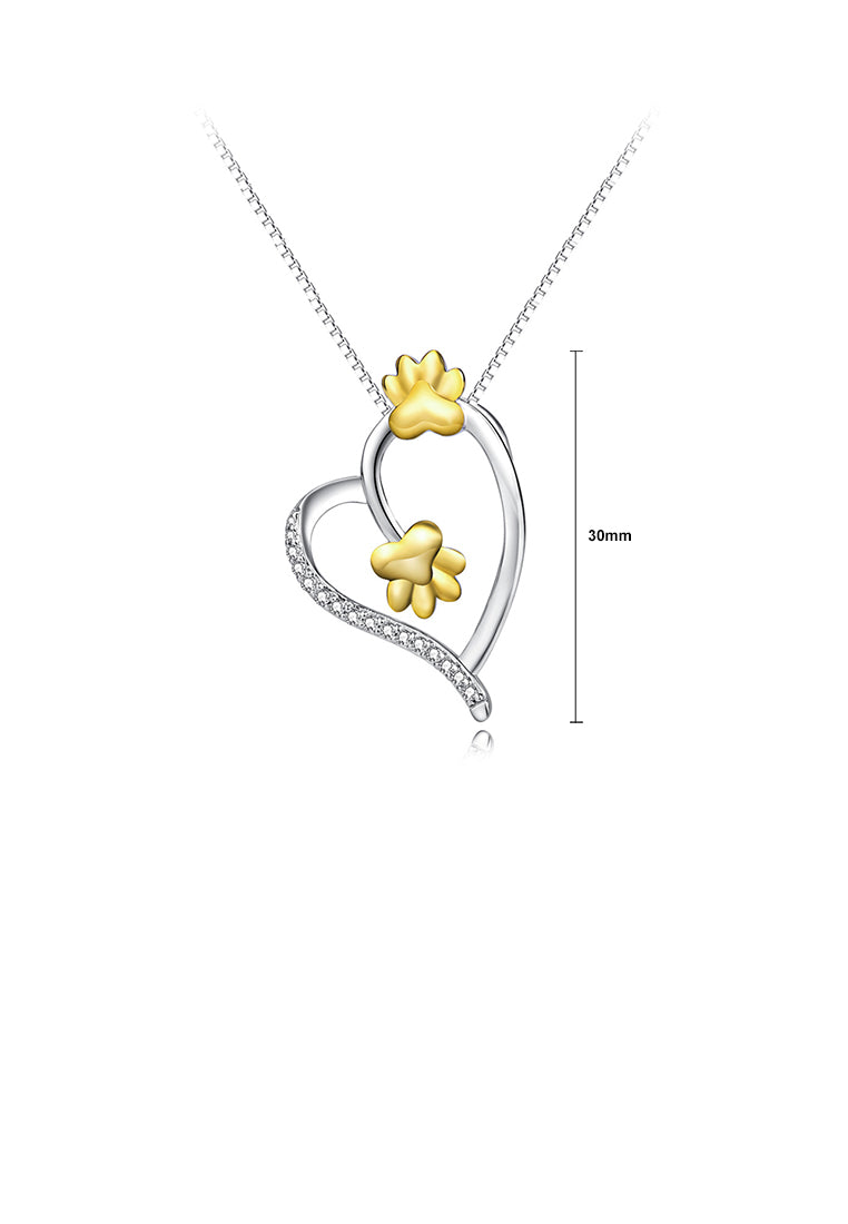 925 Sterling Silver Simple Temperament Golden Dog Paw Print Heart Pendant with Cubic Zirconia and Necklace - Luxurious Look