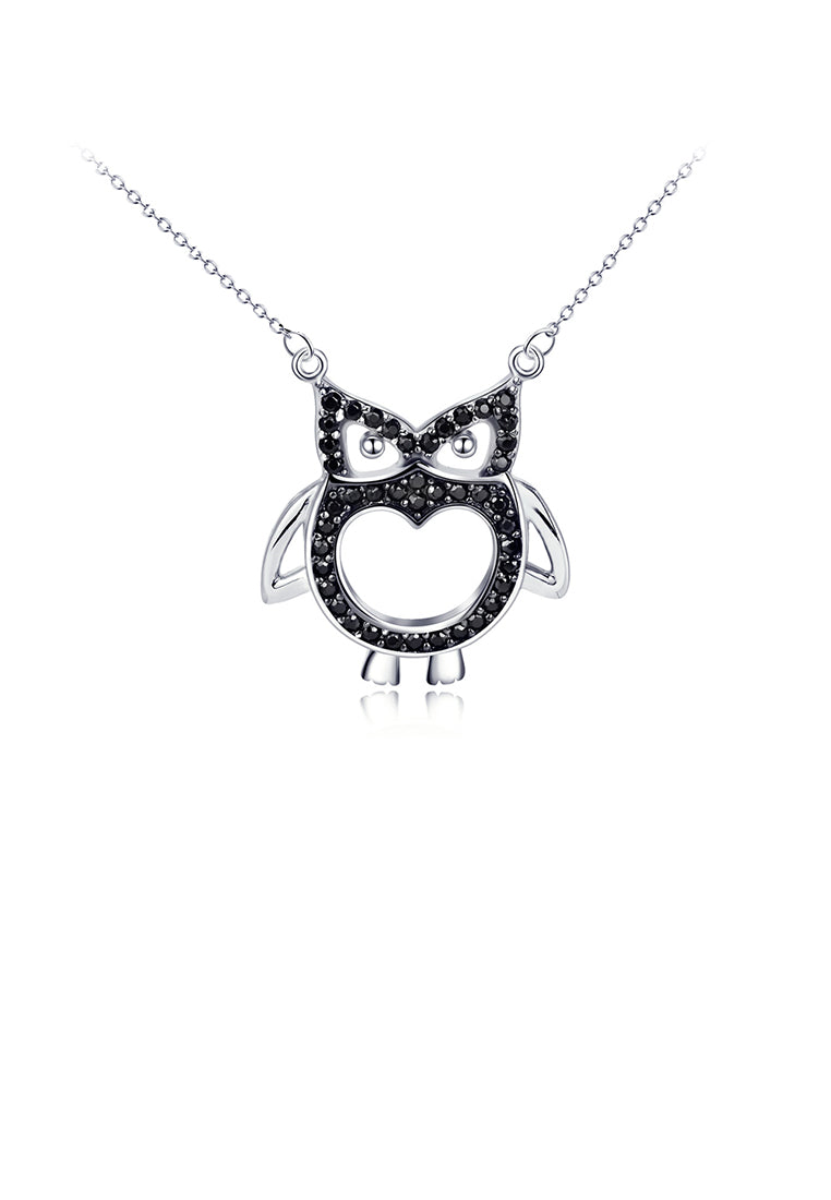 925 Sterling Silver Fashion Simple Owl Pendant with Black Cubic Zirconia and Necklace - Luxurious Look