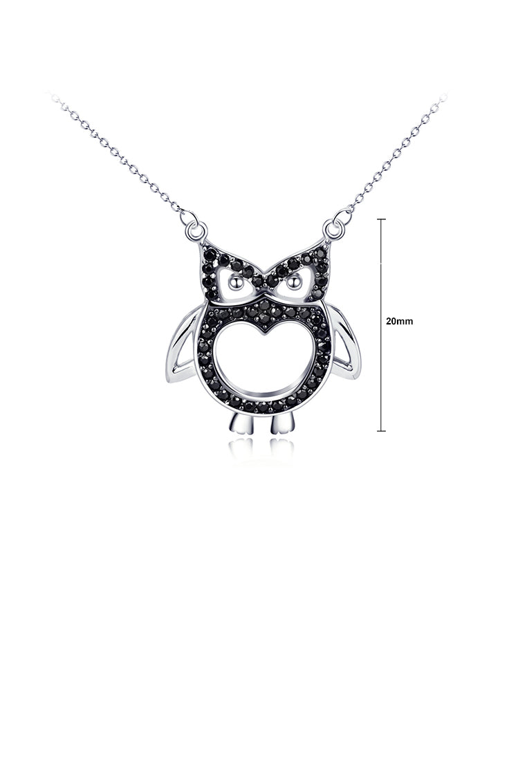 925 Sterling Silver Fashion Simple Owl Pendant with Black Cubic Zirconia and Necklace - Luxurious Look