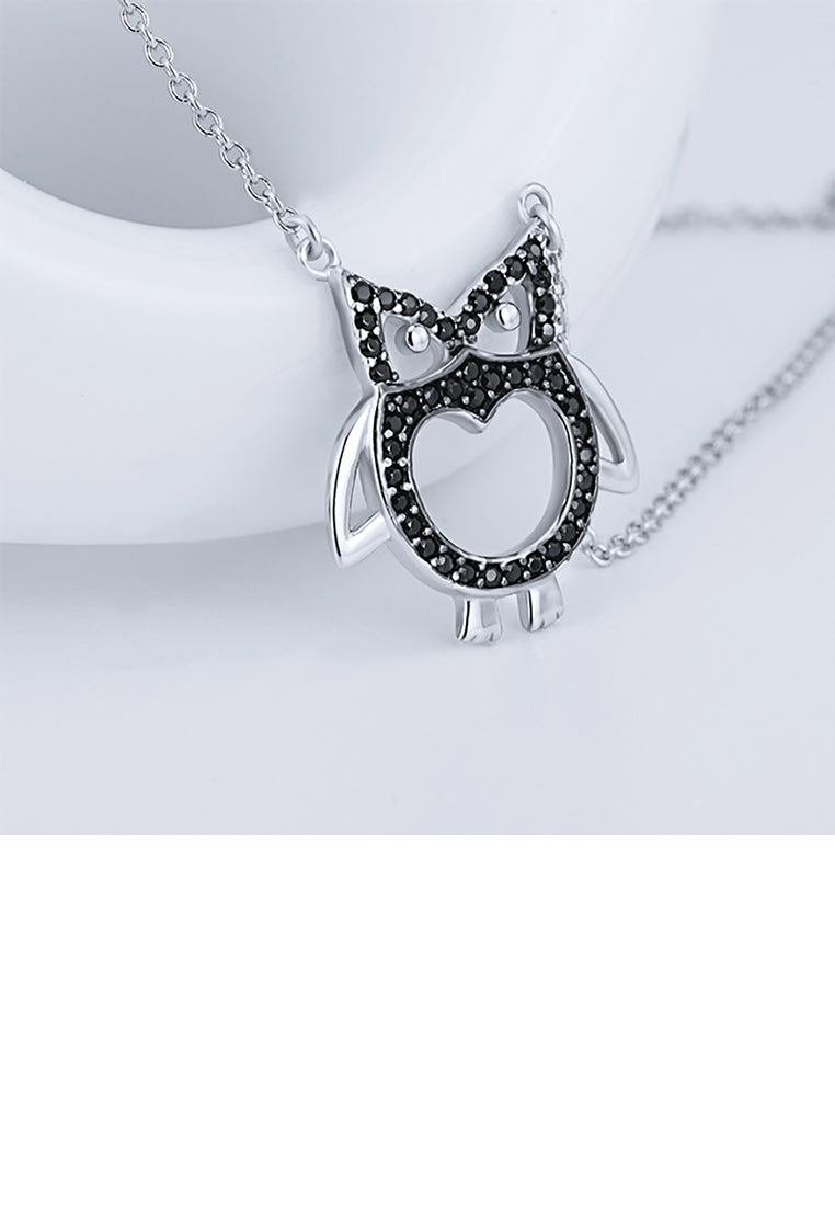 925 Sterling Silver Fashion Simple Owl Pendant with Black Cubic Zirconia and Necklace - Luxurious Look
