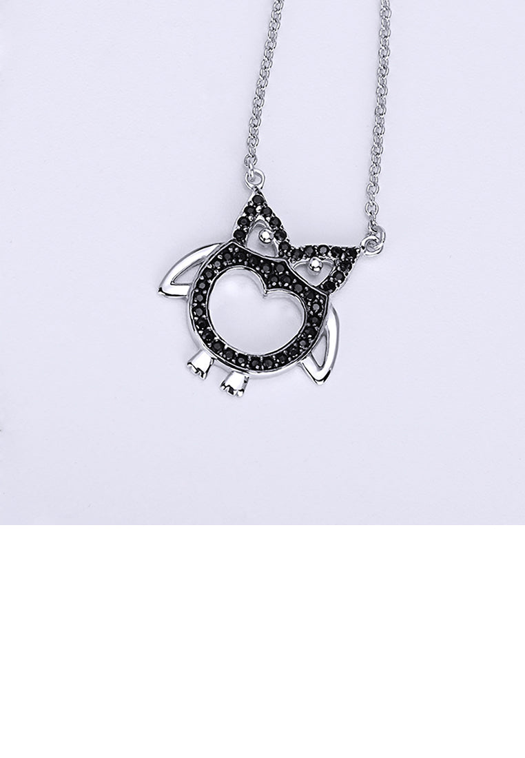 925 Sterling Silver Fashion Simple Owl Pendant with Black Cubic Zirconia and Necklace - Luxurious Look