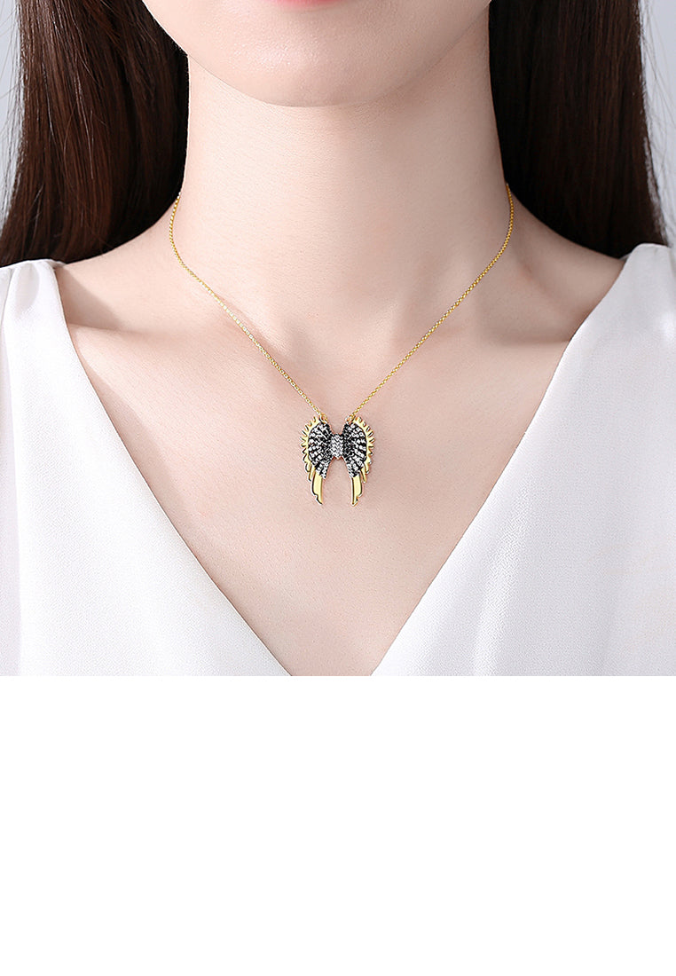 Fashion Creative Plated Gold Wing Pendant with Cubic Zirconia and Necklace - Luxurious Look