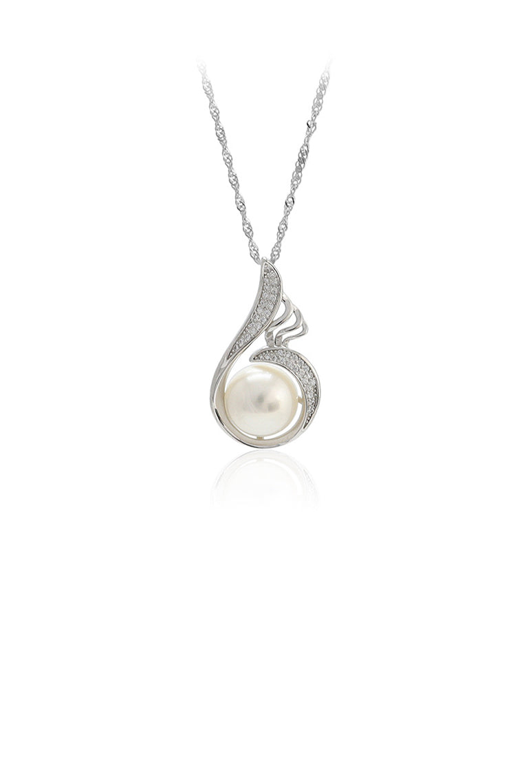 925 Sterling Silver Fashion and Elegant Water Drop-shaped White Freshwater Pearl Pendant with Cubic Zirconia and Necklace - Luxurious Look