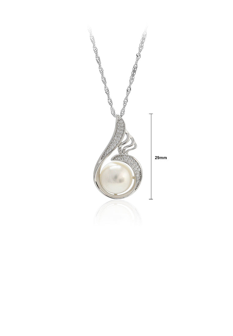925 Sterling Silver Fashion and Elegant Water Drop-shaped White Freshwater Pearl Pendant with Cubic Zirconia and Necklace - Luxurious Look