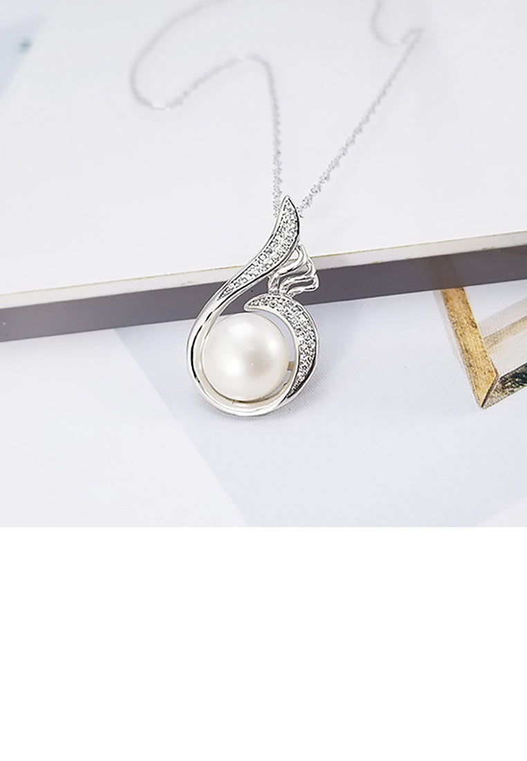 925 Sterling Silver Fashion and Elegant Water Drop-shaped White Freshwater Pearl Pendant with Cubic Zirconia and Necklace - Luxurious Look