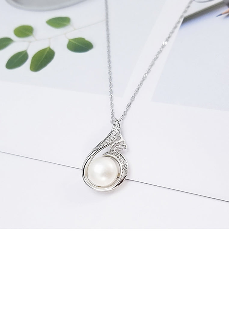 925 Sterling Silver Fashion and Elegant Water Drop-shaped White Freshwater Pearl Pendant with Cubic Zirconia and Necklace - Luxurious Look