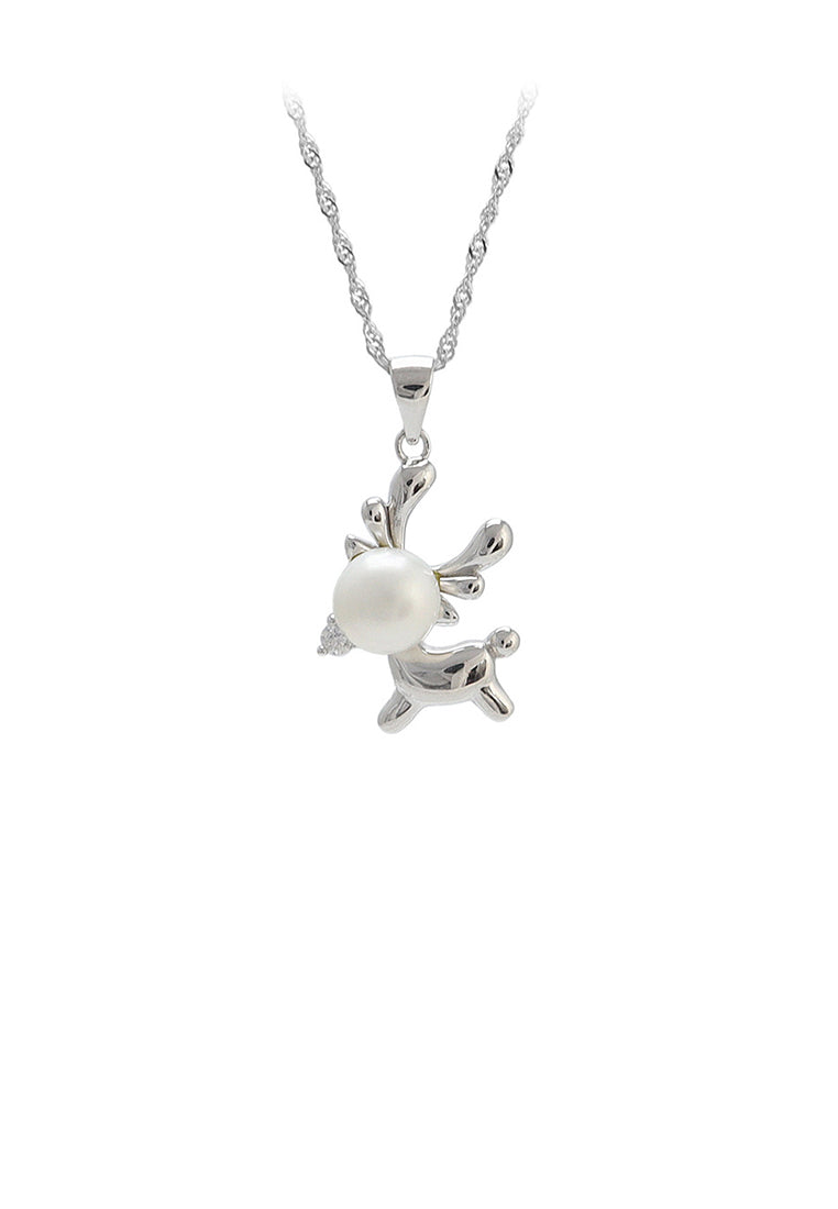 925 Sterling Silver Simple Cute Elk White Freshwater Pearl Pendant with Necklace - Luxurious Look