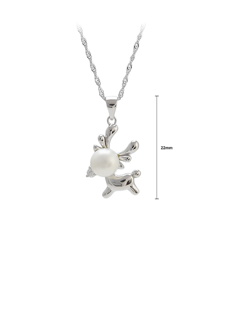 925 Sterling Silver Simple Cute Elk White Freshwater Pearl Pendant with Necklace - Luxurious Look