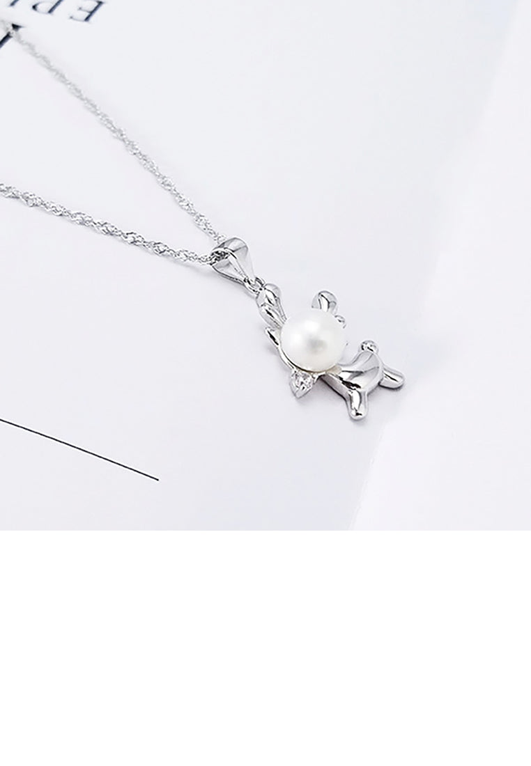 925 Sterling Silver Simple Cute Elk White Freshwater Pearl Pendant with Necklace - Luxurious Look