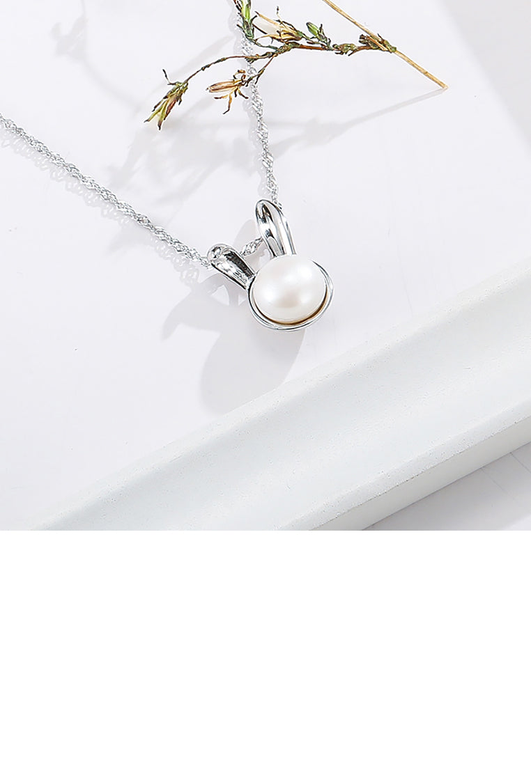 925 Sterling Silver Simple Cute Rabbit Freshwater Pearl Pendant with Necklace - Luxurious Look