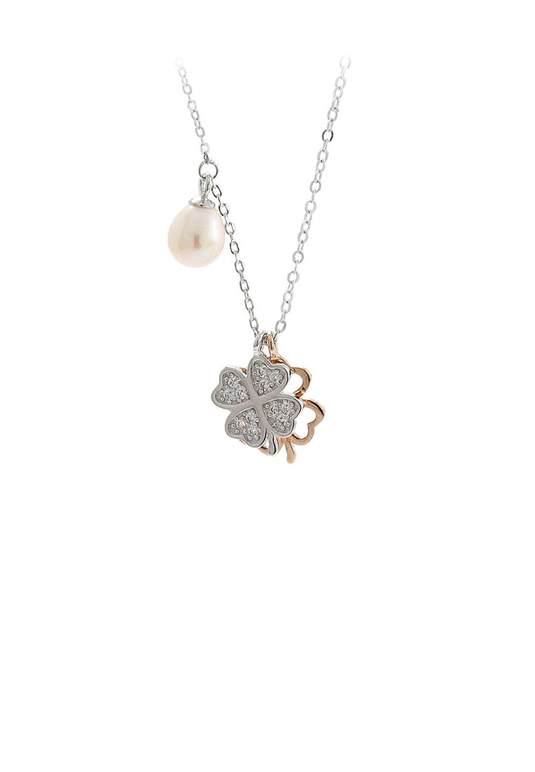 925 Sterling Silver Fashion Four-leafed Clover Cubic Zirconia Pendant with Freshwater Pearls and Necklace - Luxurious Look