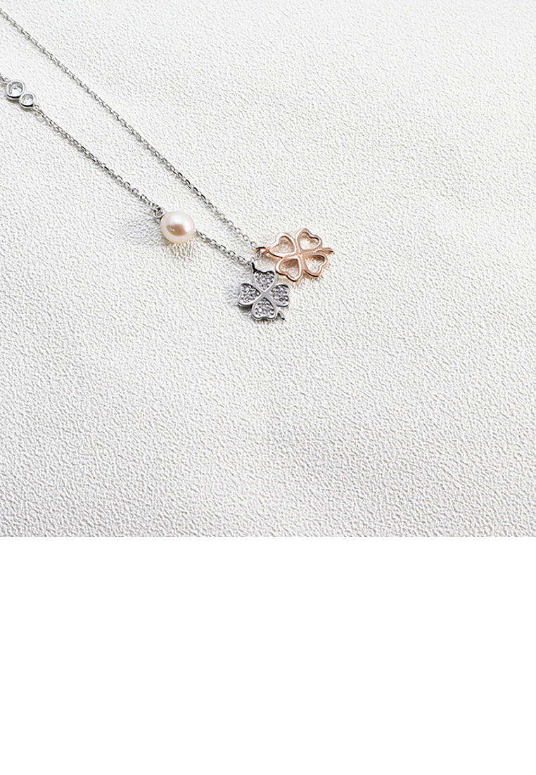 925 Sterling Silver Fashion Four-leafed Clover Cubic Zirconia Pendant with Freshwater Pearls and Necklace - Luxurious Look