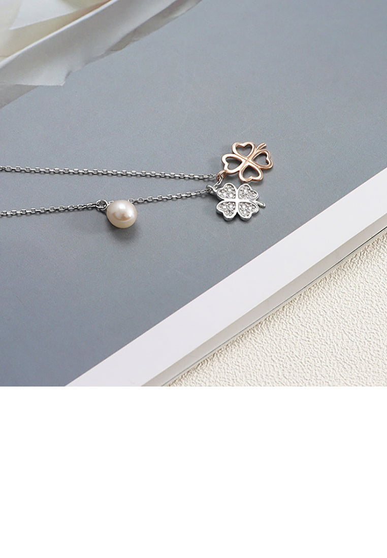 925 Sterling Silver Fashion Four-leafed Clover Cubic Zirconia Pendant with Freshwater Pearls and Necklace - Luxurious Look