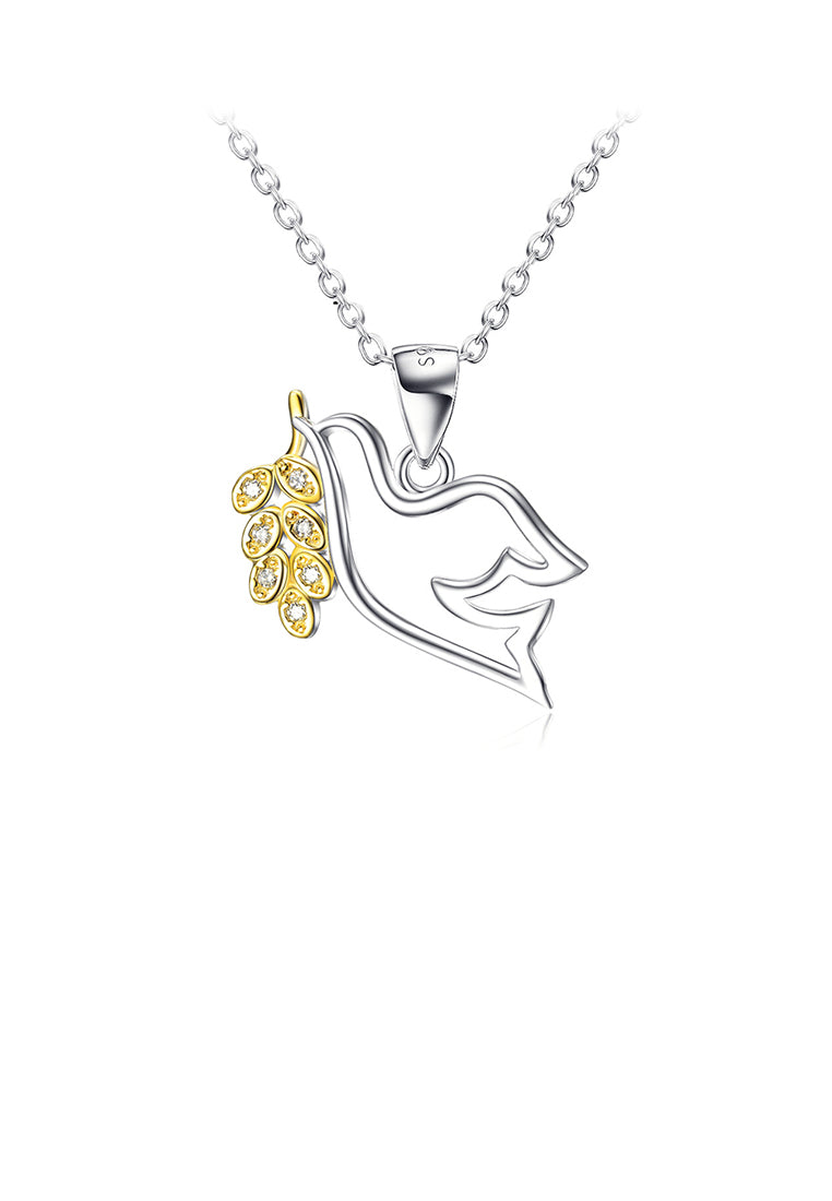 925 Sterling Silver Simple Fashion Peace Dove Golden Leaf Pendant with Cubic Zirconia and Necklace - Luxurious Look