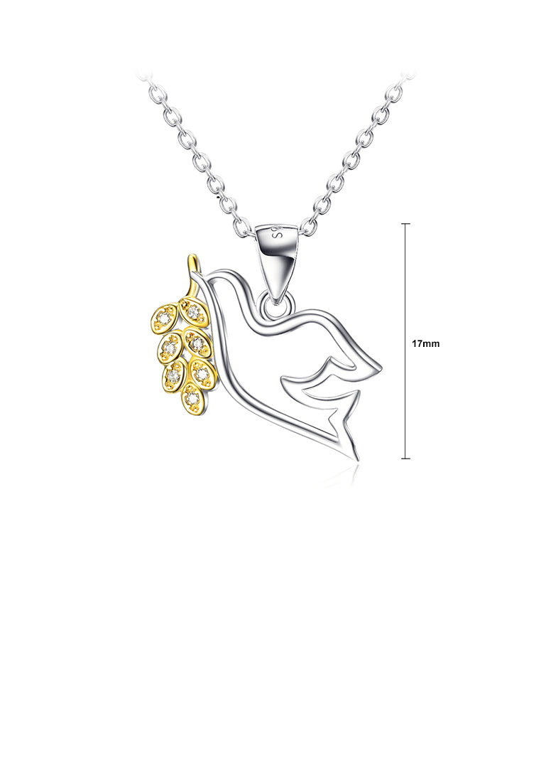 925 Sterling Silver Simple Fashion Peace Dove Golden Leaf Pendant with Cubic Zirconia and Necklace - Luxurious Look