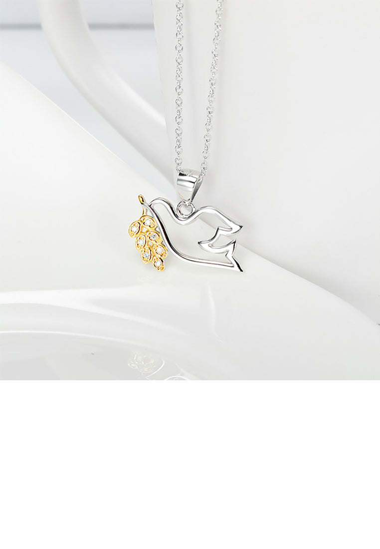 925 Sterling Silver Simple Fashion Peace Dove Golden Leaf Pendant with Cubic Zirconia and Necklace - Luxurious Look