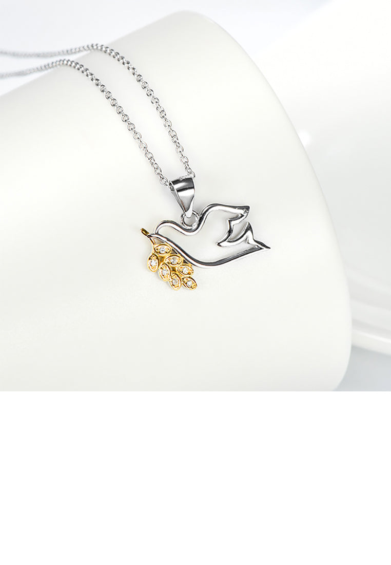 925 Sterling Silver Simple Fashion Peace Dove Golden Leaf Pendant with Cubic Zirconia and Necklace - Luxurious Look
