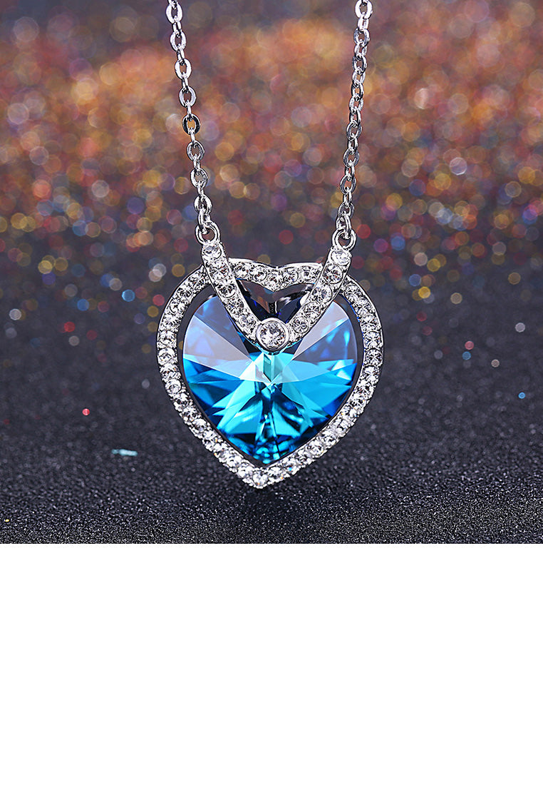 925 Sterling Silver Atmospheric Heart Pendant with Blue Austrian Element Crystal and Necklace