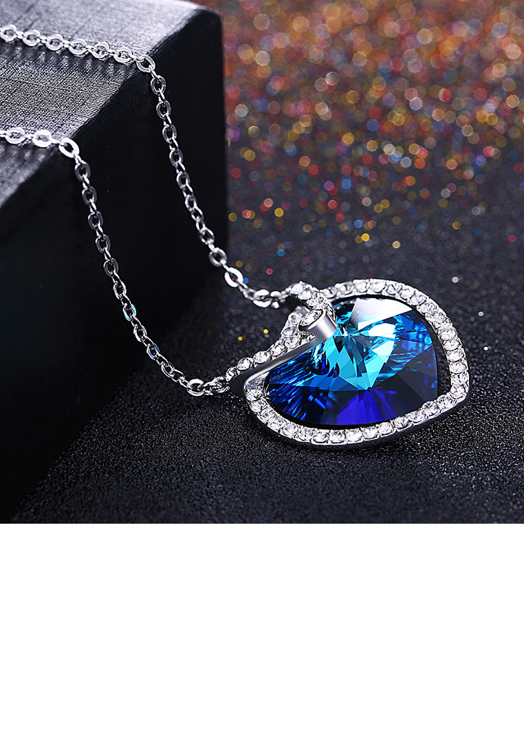 925 Sterling Silver Atmospheric Heart Pendant with Blue Austrian Element Crystal and Necklace
