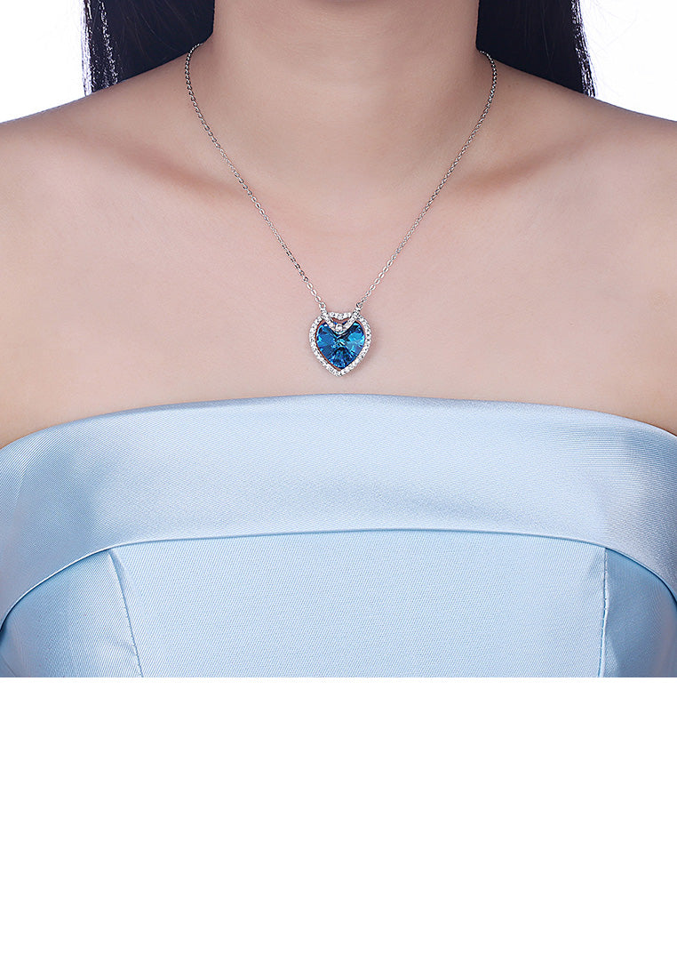 925 Sterling Silver Atmospheric Heart Pendant with Blue Austrian Element Crystal and Necklace