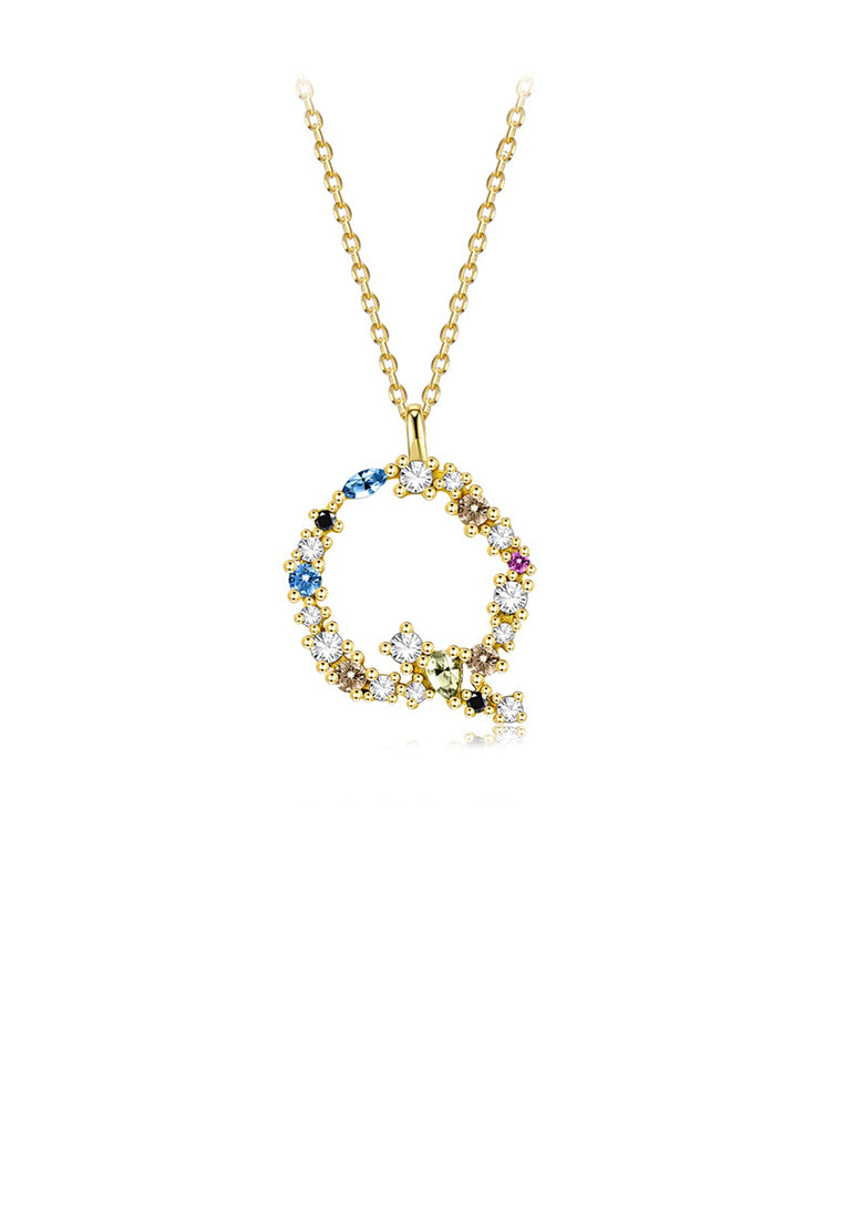 925 Sterling Silver Plated Gold Fashion Simple Color English Alphabet Q Pendant with Cubic Zirconia and Necklace - Luxurious Look