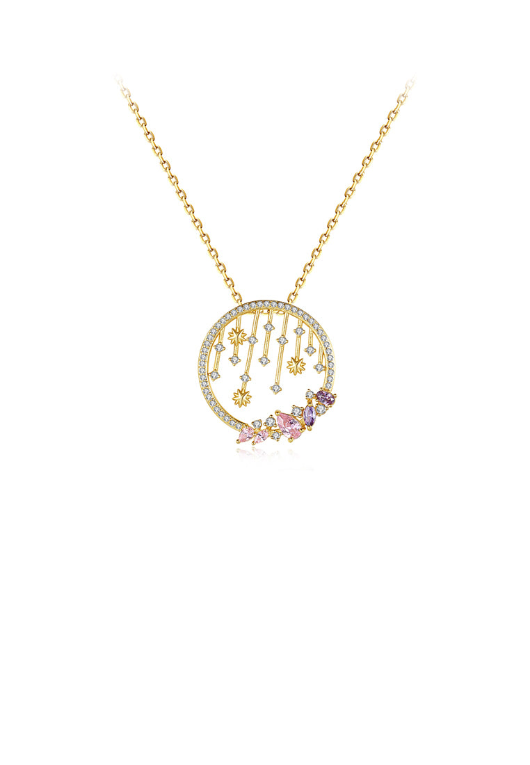 Fashion Simple Plated Gold Geometric Hollow Round Pattern Pendant with Cubic Zirconia and Necklace - Luxurious Look