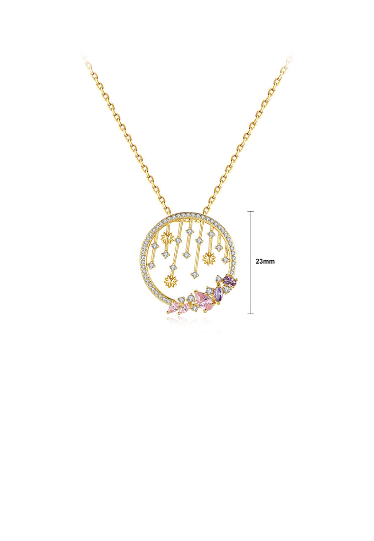 Fashion Simple Plated Gold Geometric Hollow Round Pattern Pendant with Cubic Zirconia and Necklace - Luxurious Look