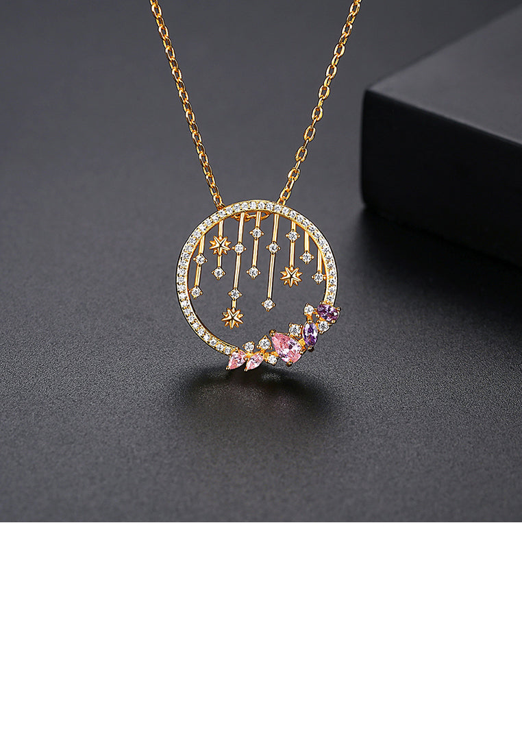 Fashion Simple Plated Gold Geometric Hollow Round Pattern Pendant with Cubic Zirconia and Necklace - Luxurious Look