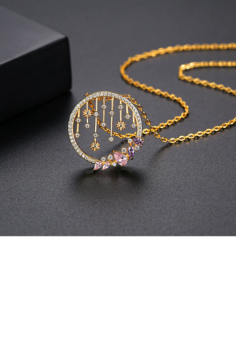 Fashion Simple Plated Gold Geometric Hollow Round Pattern Pendant with Cubic Zirconia and Necklace - Luxurious Look