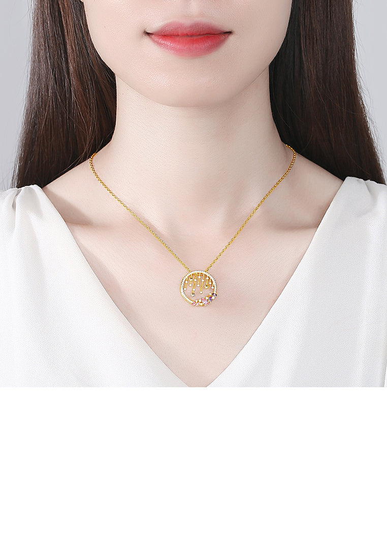 Fashion Simple Plated Gold Geometric Hollow Round Pattern Pendant with Cubic Zirconia and Necklace - Luxurious Look