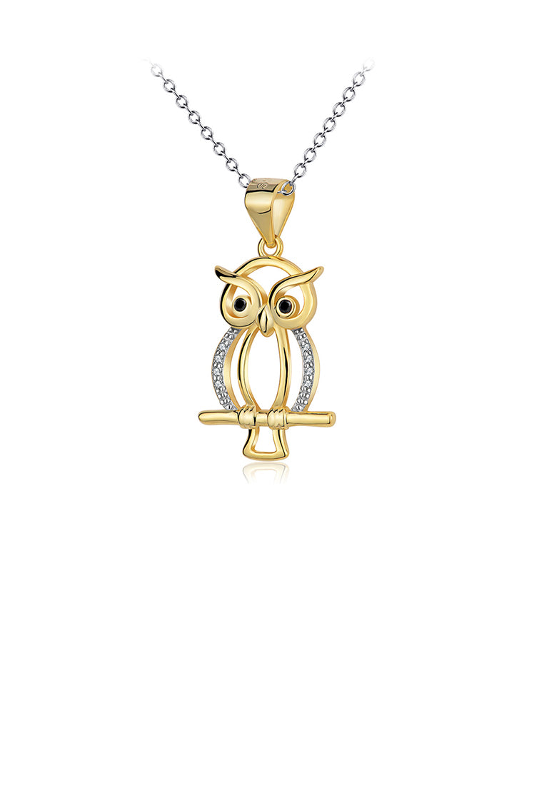 925 Sterling Silver Plated Gold Simple Cute Owl Pendant with Cubic Zirconia and Necklace - Luxurious Look