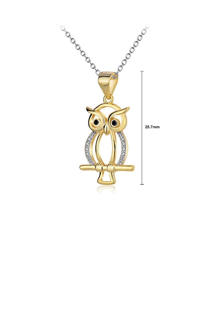 925 Sterling Silver Plated Gold Simple Cute Owl Pendant with Cubic Zirconia and Necklace - Luxurious Look