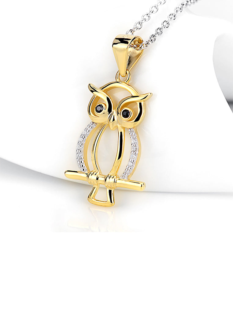 925 Sterling Silver Plated Gold Simple Cute Owl Pendant with Cubic Zirconia and Necklace - Luxurious Look