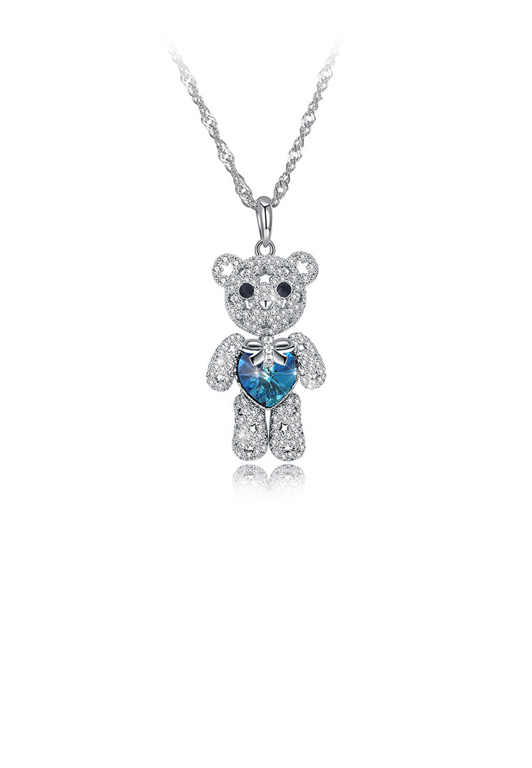 925 Sterling Silver Fashion Cute Bear Pendant with Blue Austrian Element Crystal and Necklace