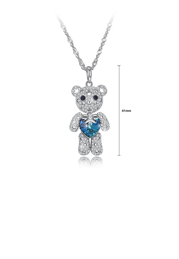 925 Sterling Silver Fashion Cute Bear Pendant with Blue Austrian Element Crystal and Necklace