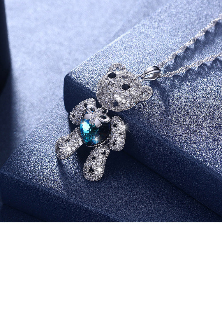 925 Sterling Silver Fashion Cute Bear Pendant with Blue Austrian Element Crystal and Necklace