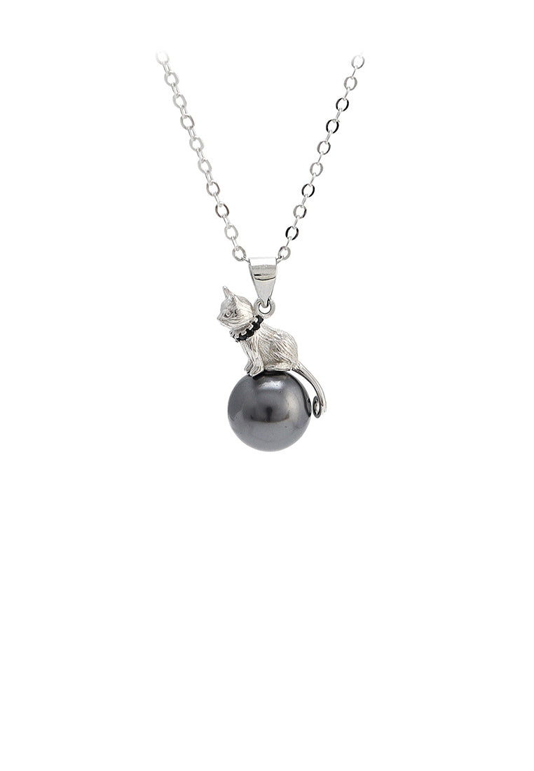 925 Sterling Silver Simple Cute Cat Black Freshwater Pearl Pendant with Necklace - Luxurious Look